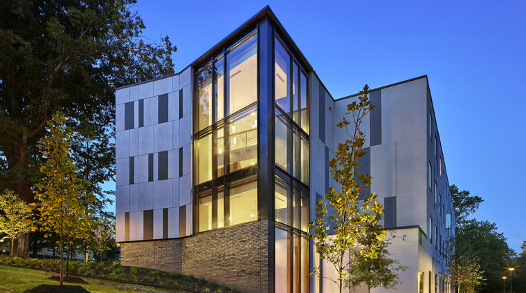 Cabrini res hall exterior twilight