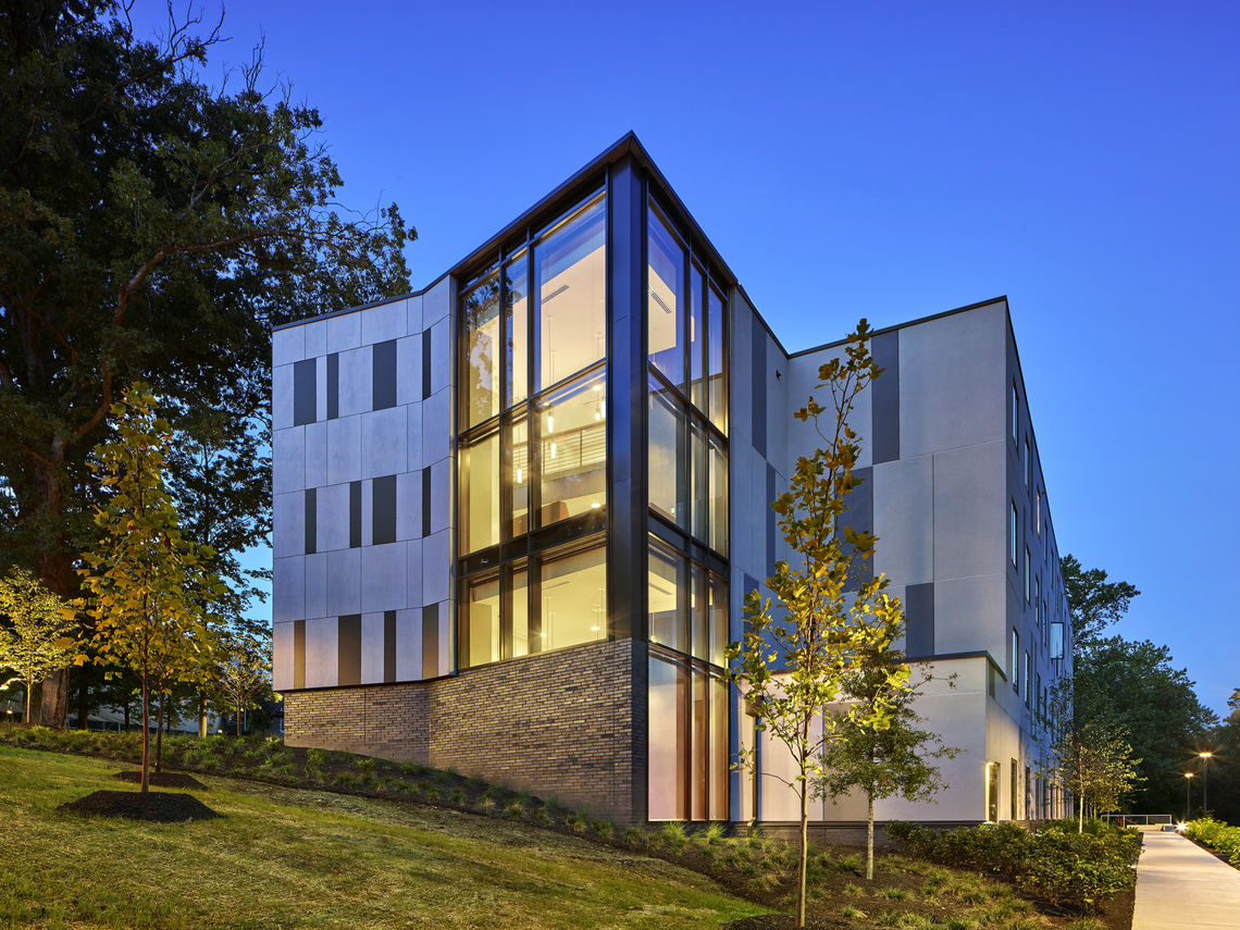 Cabrini res hall exterior twilight