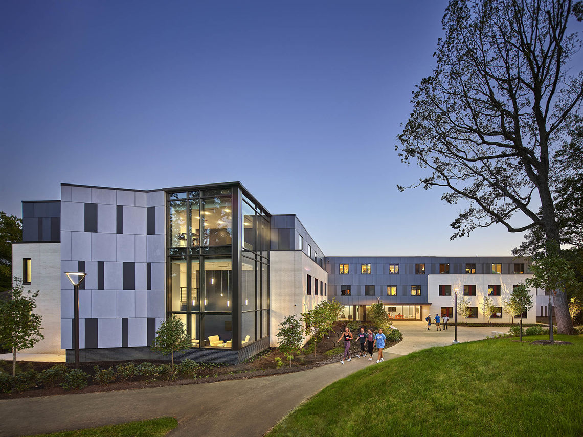 Cabrini Res hall exterior twilight 2